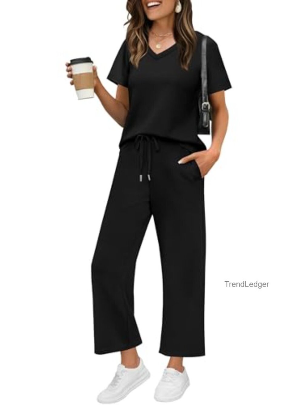 2 Piece Lounge Set Women V-Neck Short Sleeve Wide Leg Pants Travel